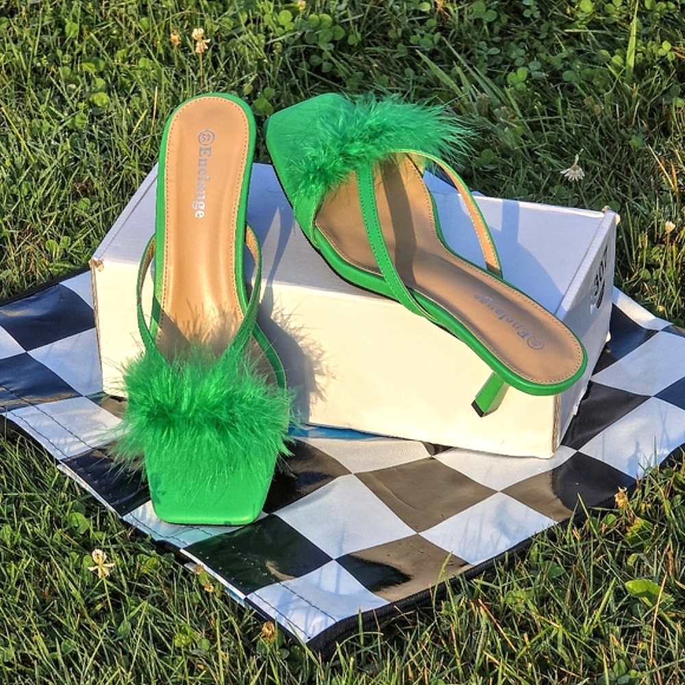 Enelauge Feather Square Toe Kitten Heel Green Sz.45 (W11-13,M11-12)